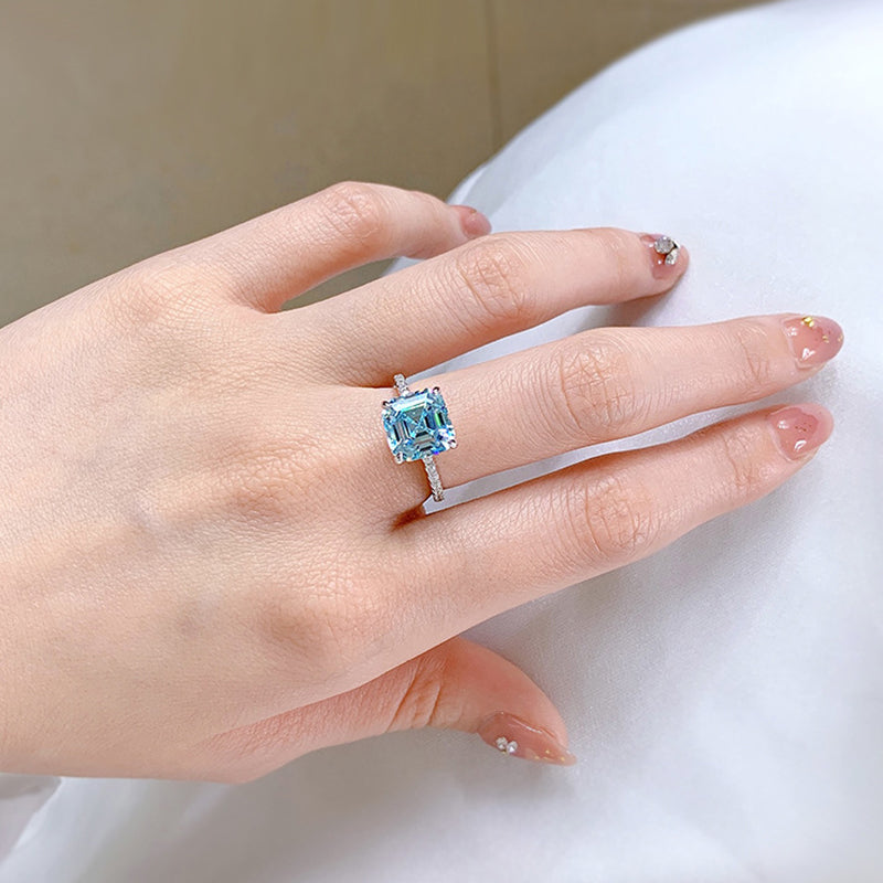 Stunning Hidden Halo Asscher Cut Light Aquamarine Blue Engagement Ring In Sterling Silver-Maxinejewelry