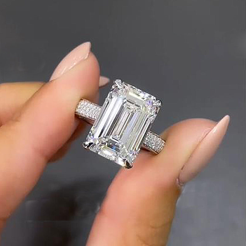 Luxurious Elongated Emerald Cut Engagement Ring In Sterling Silver-Maxinejewelry