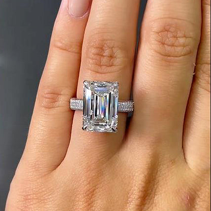 Luxurious Elongated Emerald Cut Engagement Ring In Sterling Silver-Maxinejewelry