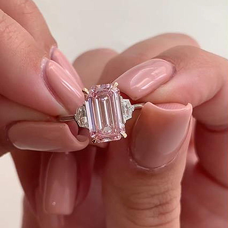 Gorgeous Emerald Cut Morganite Pink Three Stone Engagement Ring In Sterling Silver-Maxinejewelry