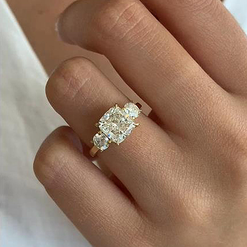 Stunning Yellow Gold Cushion Cut Three Stone Engagement Ring In Sterling Silver-Maxinejewelry