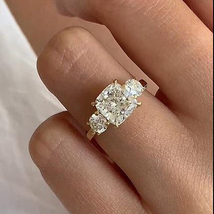 Stunning Yellow Gold Cushion Cut Three Stone Engagement Ring In Sterling Silver-Maxinejewelry