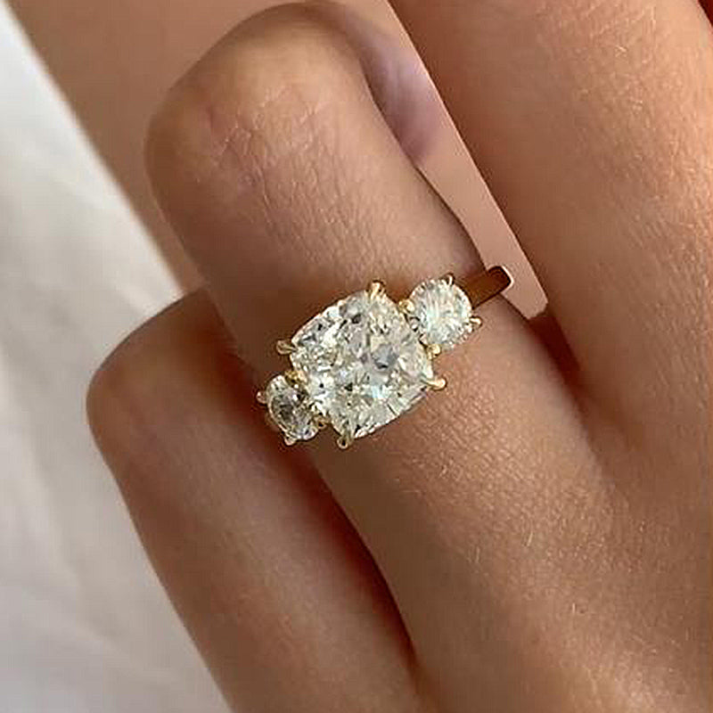 Stunning Yellow Gold Cushion Cut Three Stone Engagement Ring In Sterling Silver-Maxinejewelry