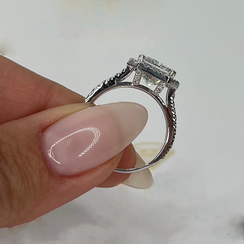 Unique Halo Split Shank Radiant Cut Engagement Ring In Sterling Silver-Maxinejewelry