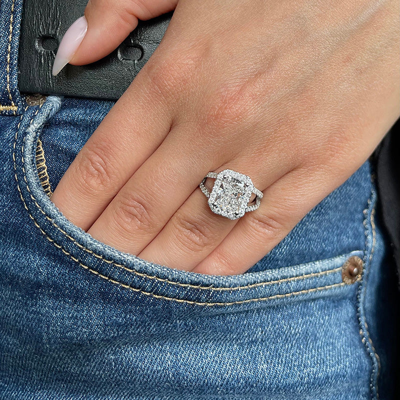 Unique Halo Split Shank Radiant Cut Engagement Ring In Sterling Silver-Maxinejewelry