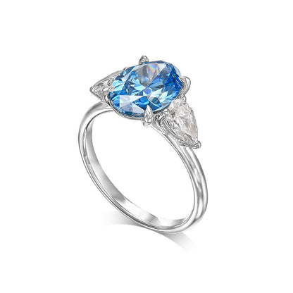 Fashion Oval Cut Three Stone Aquamarine Blue Engagement Ring In Sterling Silver