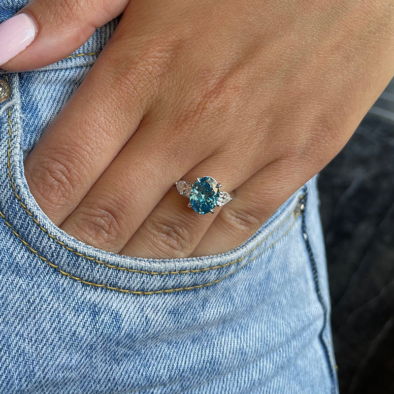 Fashion Oval Cut Three Stone Aquamarine Blue Engagement Ring In Sterling Silver-Maxinejewelry