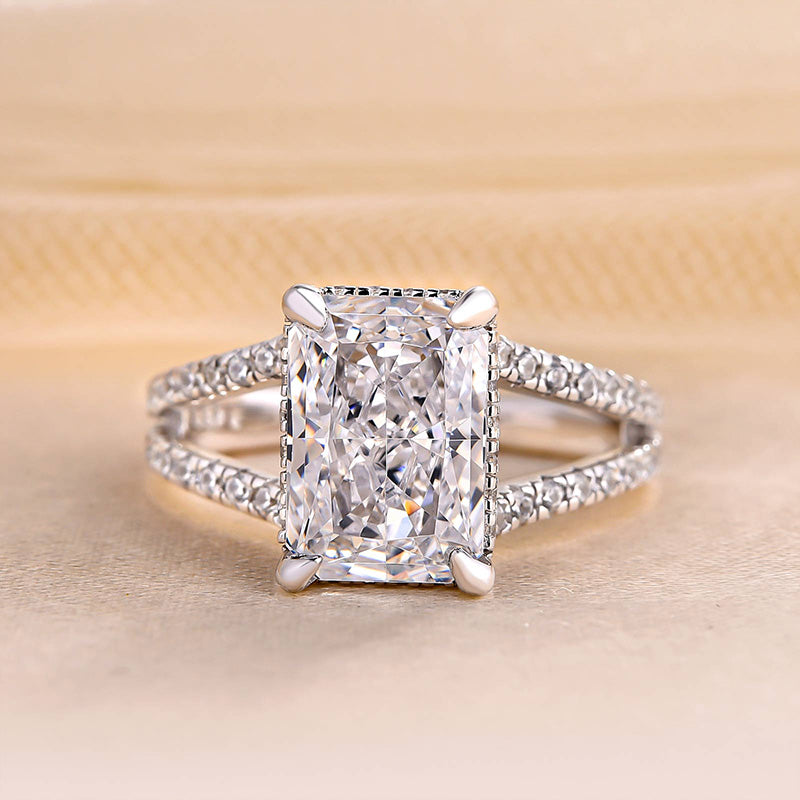 Unique Split Shank Radiant Cut Engagement Ring In Sterling Silver-Maxinejewelry