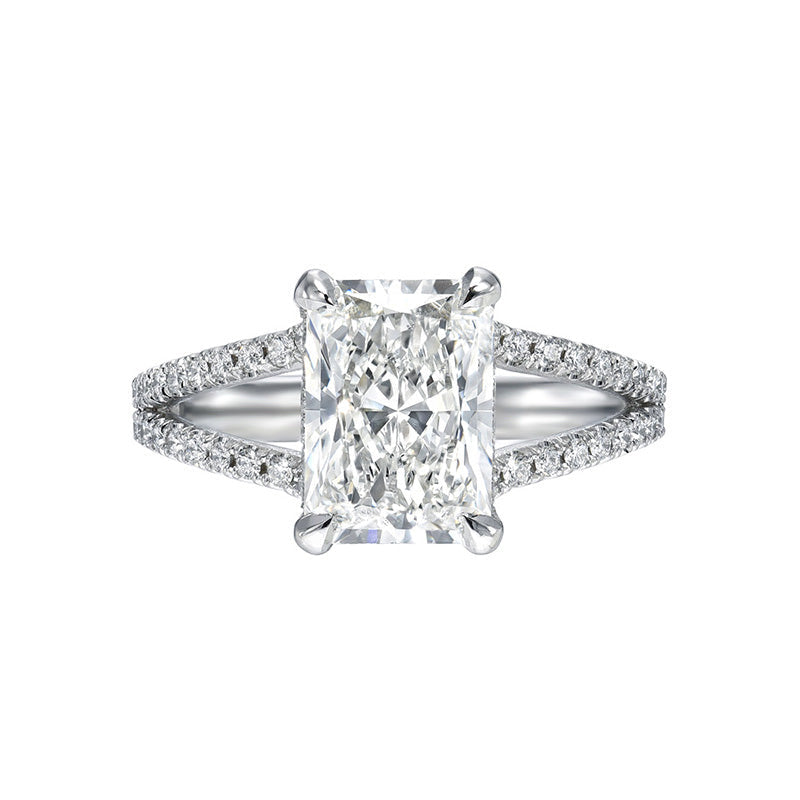 Unique Split Shank Radiant Cut Engagement Ring In Sterling Silver