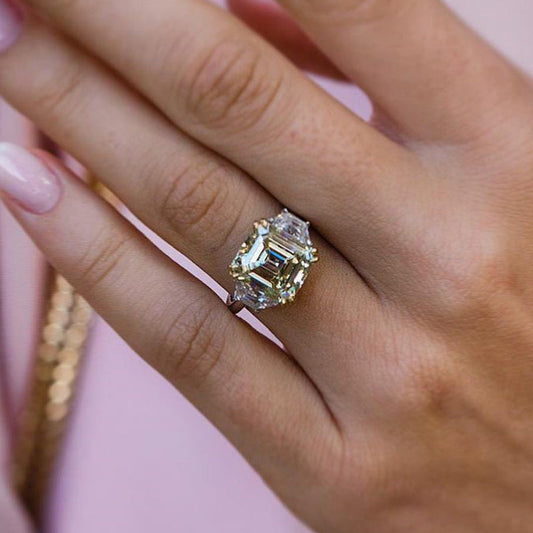 Exclusive Emerald Cut Three Stone Yellow Sapphire Engagement Ring In Sterling Silver-Maxinejewelry