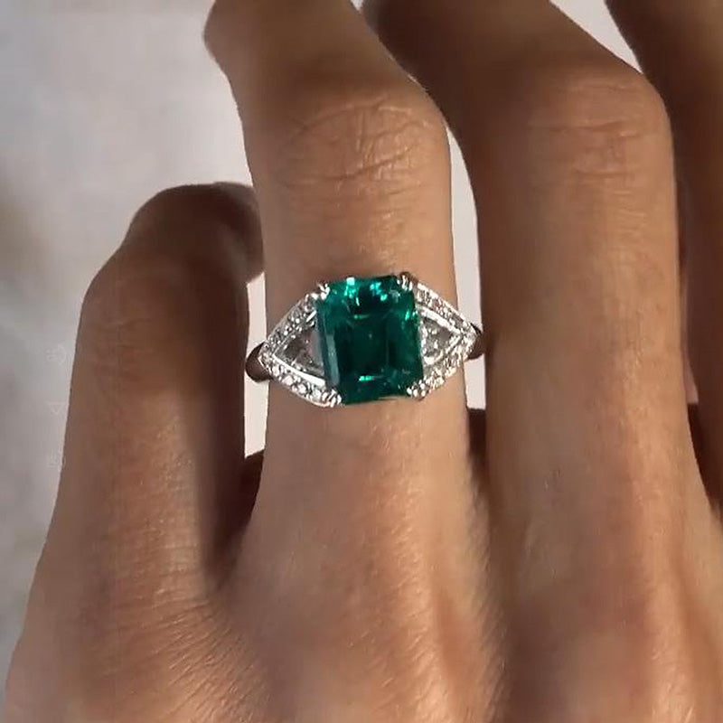 Unique Radiant Cut Three Stone Emerald Green Engagement Ring In Sterling Silver-Maxinejewelry