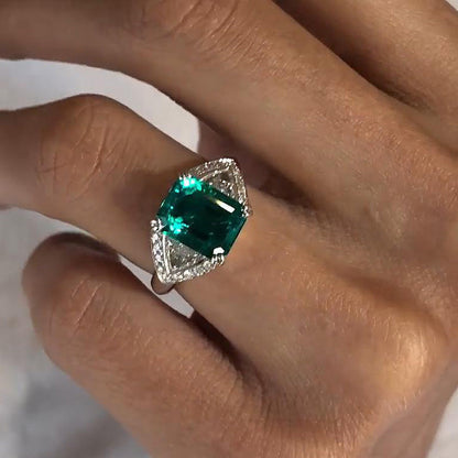 Unique Radiant Cut Three Stone Emerald Green Engagement Ring In Sterling Silver-Maxinejewelry