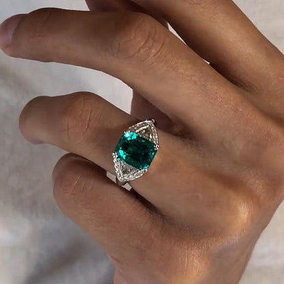 Unique Radiant Cut Three Stone Emerald Green Engagement Ring In Sterling Silver-Maxinejewelry