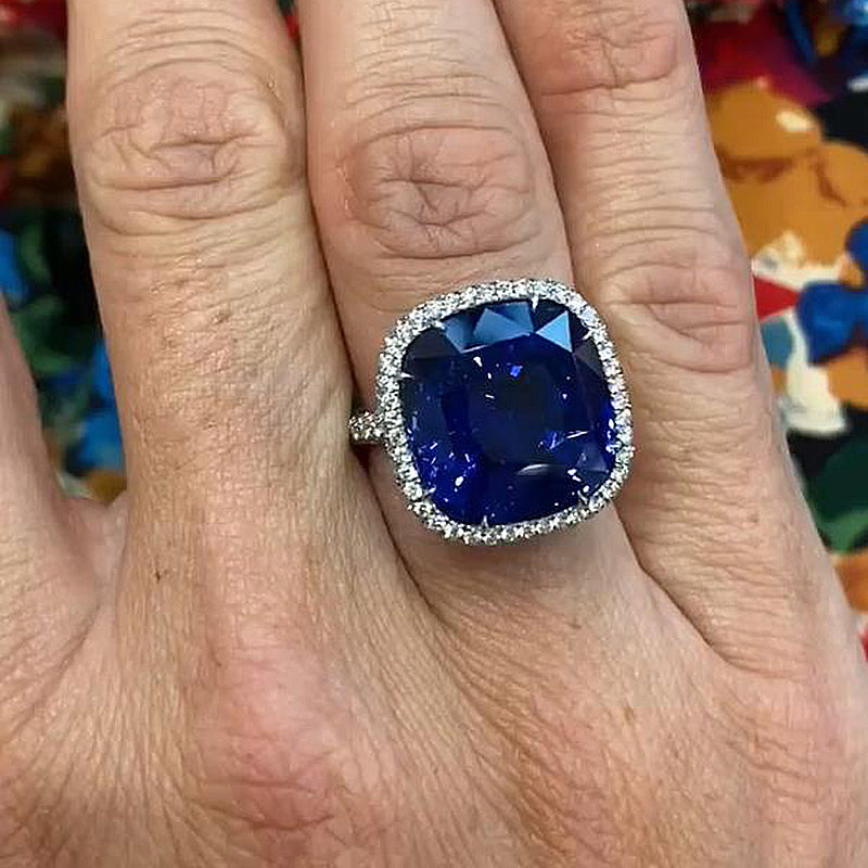 Luxurious Halo Blue Sapphire Cushion Cut Engagement Ring In Sterling Silver-Maxinejewelry