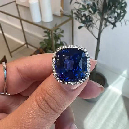 Luxurious Halo Blue Sapphire Cushion Cut Engagement Ring In Sterling Silver-Maxinejewelry