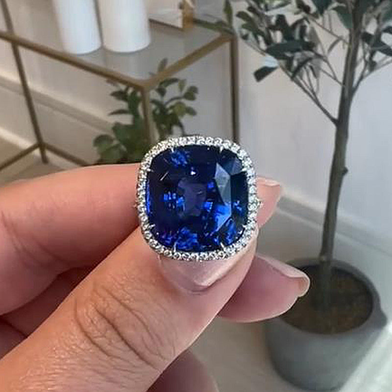 Luxurious Halo Blue Sapphire Cushion Cut Engagement Ring In Sterling Silver-Maxinejewelry