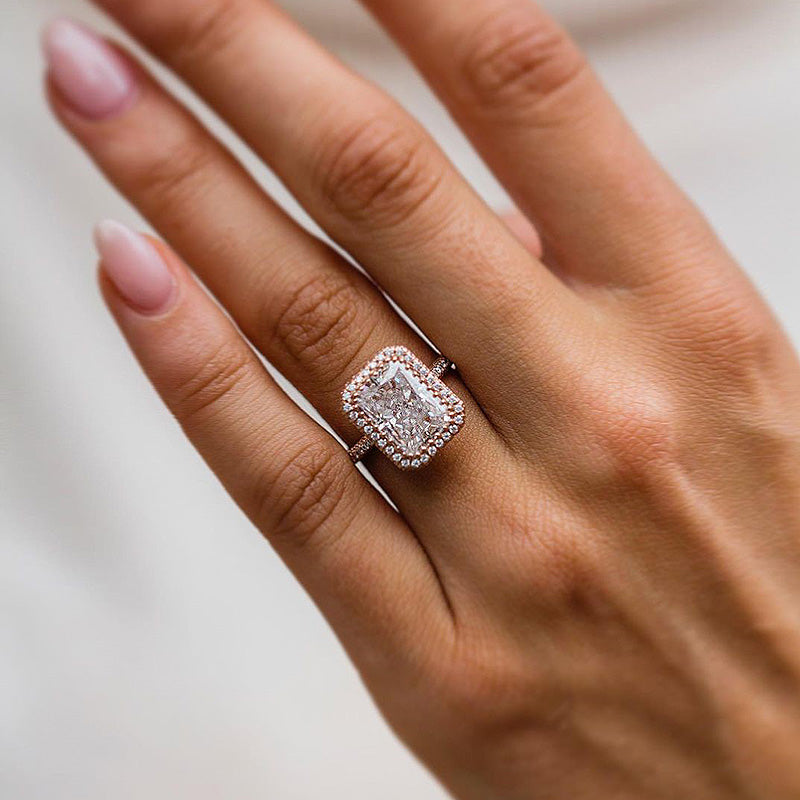 Elegant Rose Gold Halo Radiant Cut Engagement Ring In Sterling Silver-Maxinejewelry