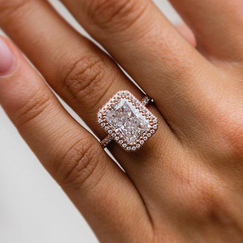 Elegant Rose Gold Halo Radiant Cut Engagement Ring In Sterling Silver-Maxinejewelry