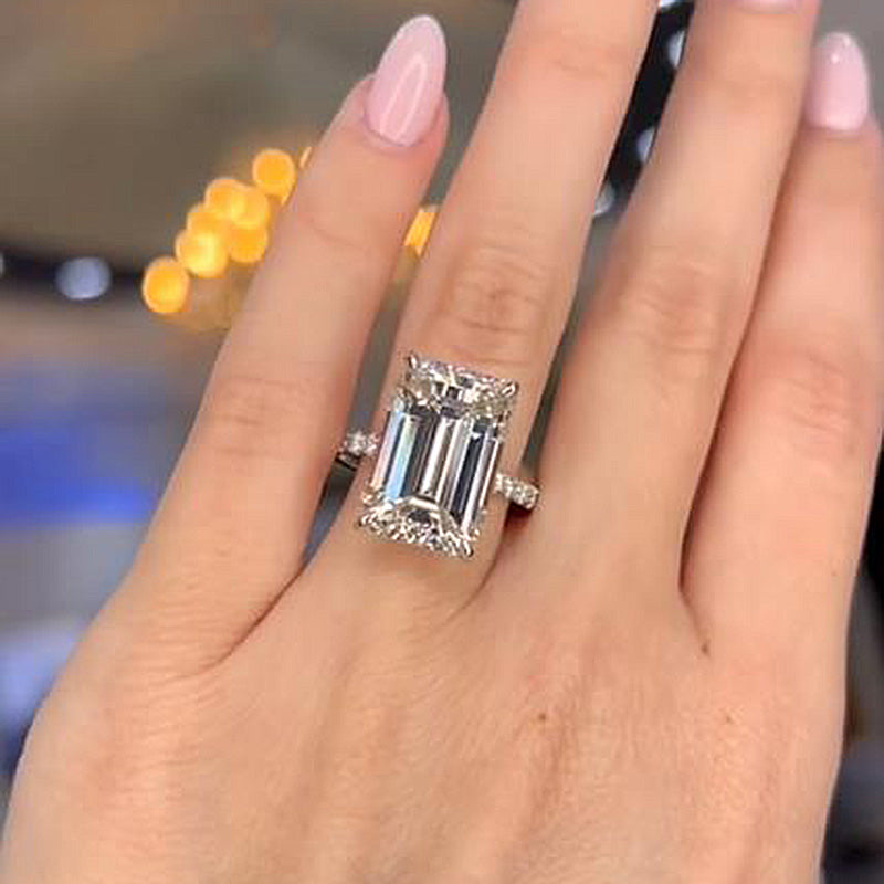 Exclusive Elongated Emerald Cut Engagement Ring In Sterling Silver