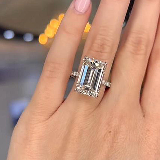 Exclusive Elongated Emerald Cut Engagement Ring In Sterling Silver