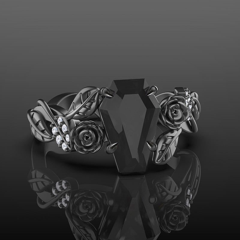 Dark Night Rose Coffin Cut Engagement Ring For Women In Sterling Silver-Maxinejewelry