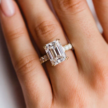 Stunning Yellow Gold Emerald Cut Engagement Ring In Sterling Silver-Maxinejewelry