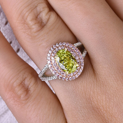 Gorgeous Double Halo Oval Cut Apple Green Engagement Ring In Sterling Silver-Maxinejewelry