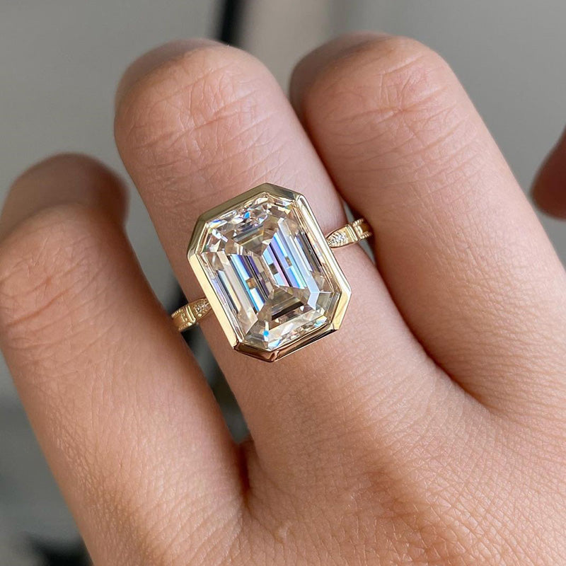 Luxurious Yellow Gold Emerald Cut Bezel Engagement Ring In Sterling Silver-Maxinejewelry