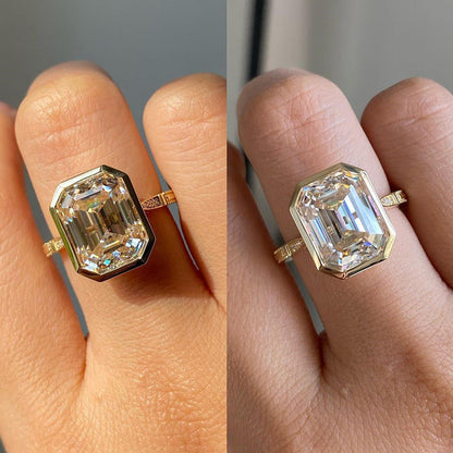 Luxurious Yellow Gold Emerald Cut Bezel Engagement Ring In Sterling Silver-Maxinejewelry