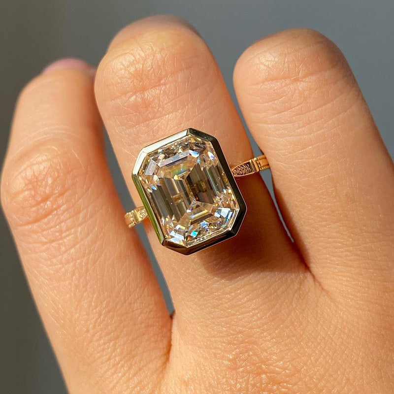 Luxurious Yellow Gold Emerald Cut Bezel Engagement Ring In Sterling Silver-Maxinejewelry