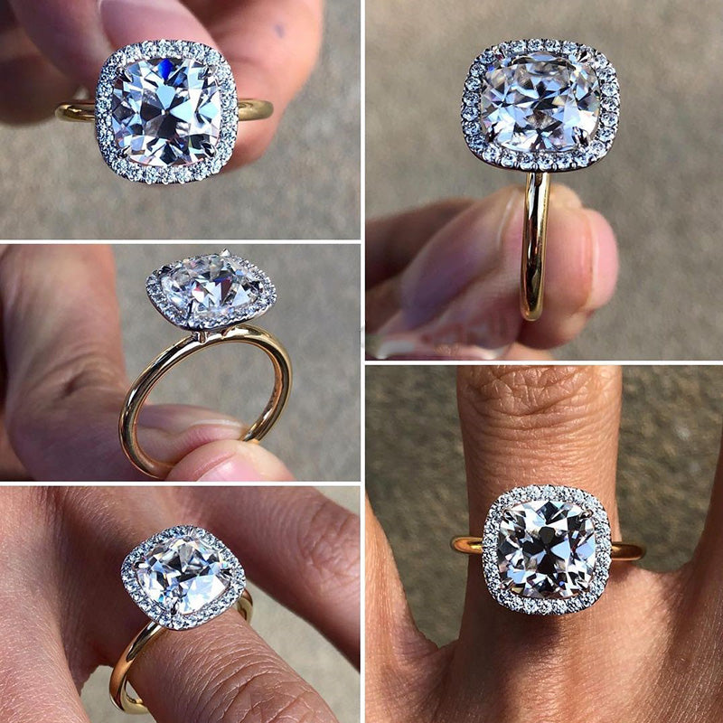 Stunning Two-tone Halo Cushion Crushed Ice Cut Engagement Ring In Sterling Silver-Maxinejewelry