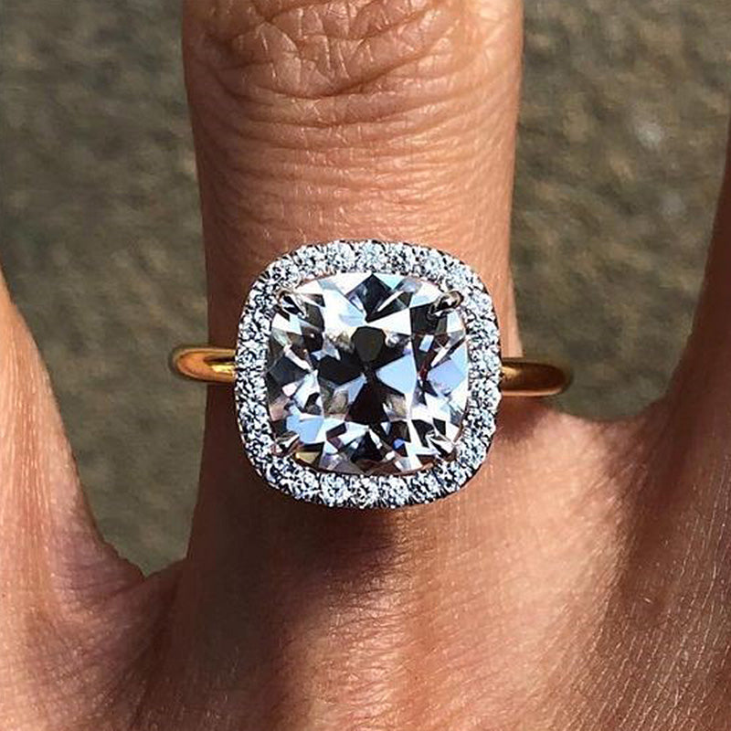 Stunning Two-tone Halo Cushion Crushed Ice Cut Engagement Ring In Sterling Silver-Maxinejewelry