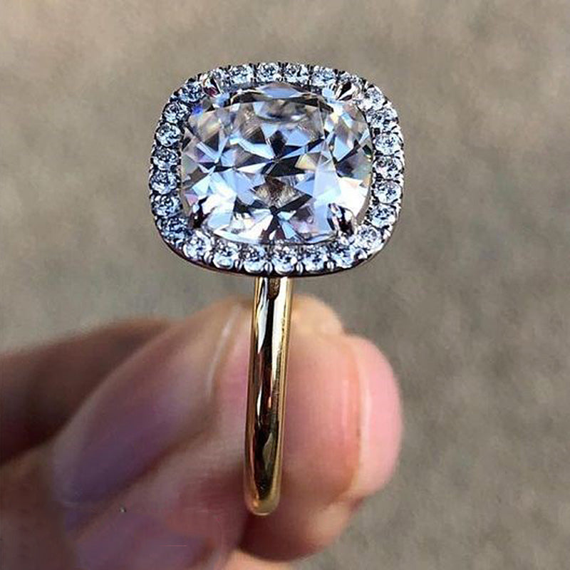 Stunning Two-tone Halo Cushion Crushed Ice Cut Engagement Ring In Sterling Silver-Maxinejewelry