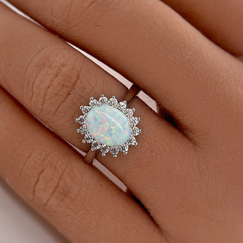 Elegant Halo Oval Cut Opal Stone Engagement Ring In Sterling Silver-Maxinejewelry