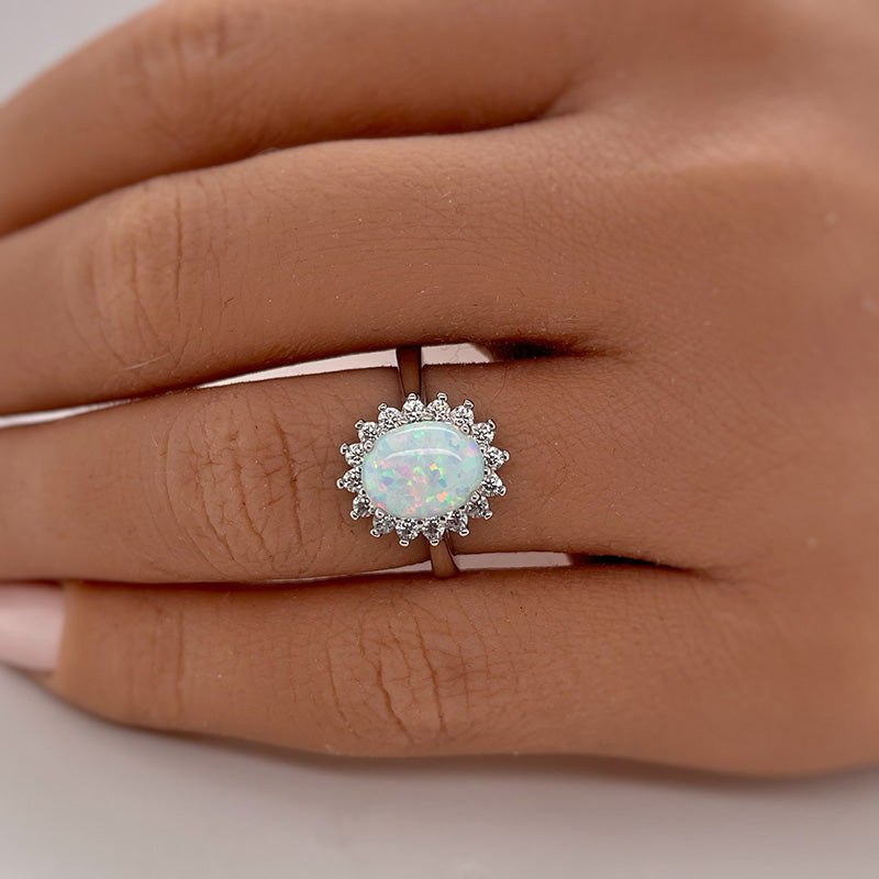 Elegant Halo Oval Cut Opal Stone Engagement Ring In Sterling Silver-Maxinejewelry