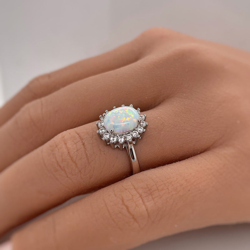 Elegant Halo Oval Cut Opal Stone Engagement Ring In Sterling Silver-Maxinejewelry