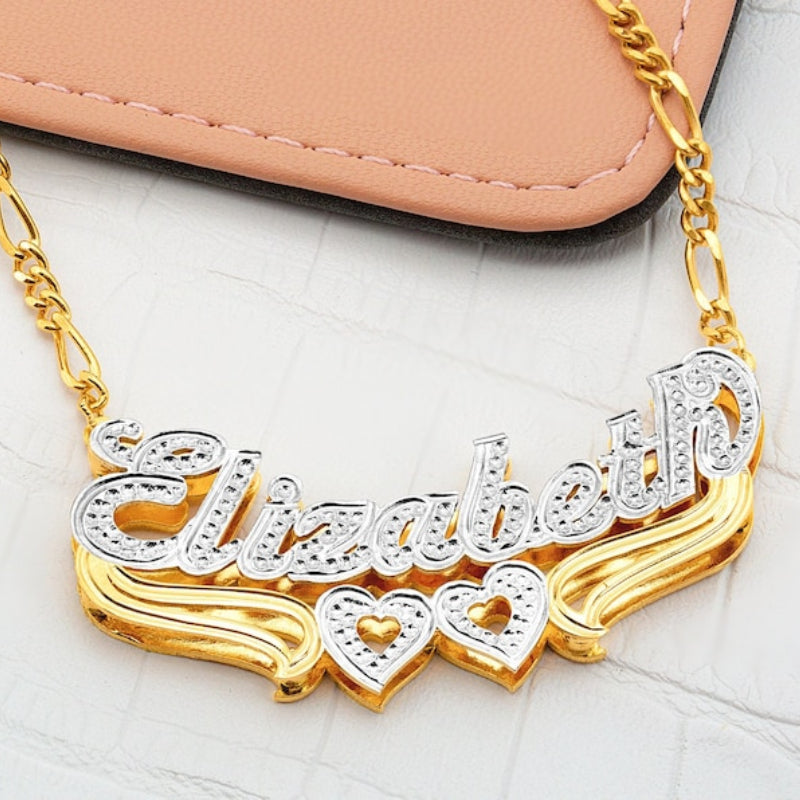 Two Tone Double Heart Personalized Name Necklace Heart Shaped Bamboo Earrings Set-silviax