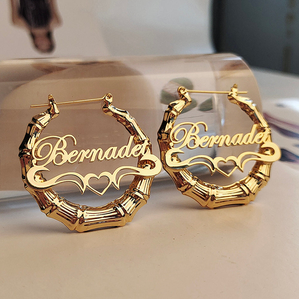 Bamboo Hoop with Heart Personalized Custom Name Earrings Gold Plated