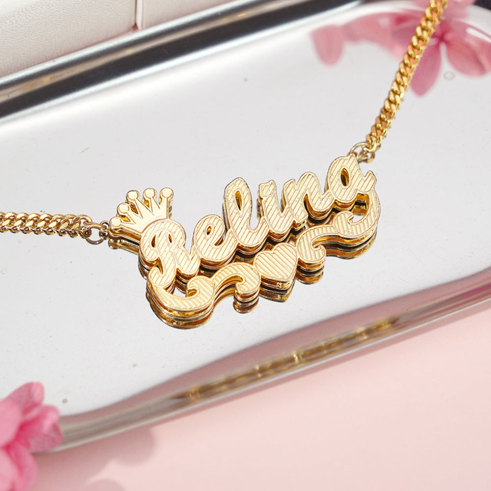 Double Layer Crown Heart Personalized Custom Gold Plated Name Necklace