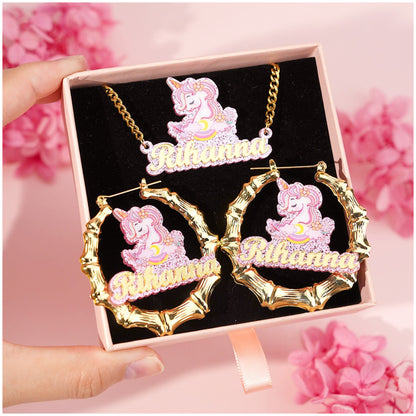 Pink Acrylic Unicorn Nameplate Jewelry Set Personalized Name Necklace and Bamboo Earrings