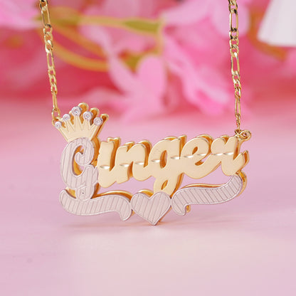 Double Layer Two Tone with Crown Heart Personalized Custom Gold Plated Name Necklace