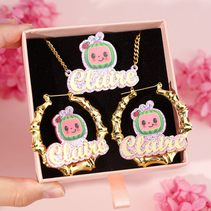 Pink Acrylic Cute Watermelon Nameplate Jewelry Set Personalized Name Necklace and Bamboo Earrings