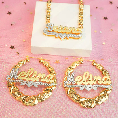 Two Tone Personalized Custom Gold Plated Double Layer XOXO Chain Name Necklace and XOXO Bamboo Name Earrings Set