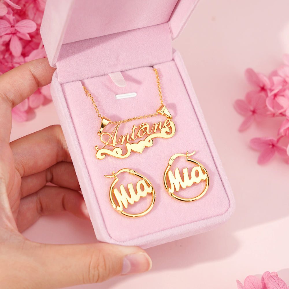 Crown Heart Personalized Jewelry Set 2pcs Name Necklace Mini Hoop Name Earrings