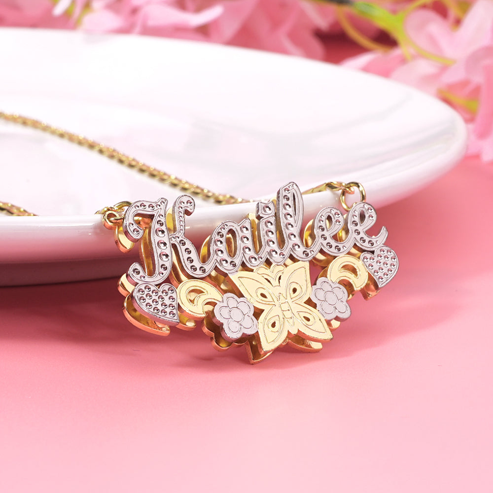 Double Layer Two Tone With Butterfly Flower And Heart Personalized Custom Name Necklace