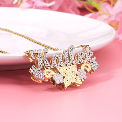 Double Layer Two Tone With Butterfly Flower And Heart Personalized Custom Name Necklace