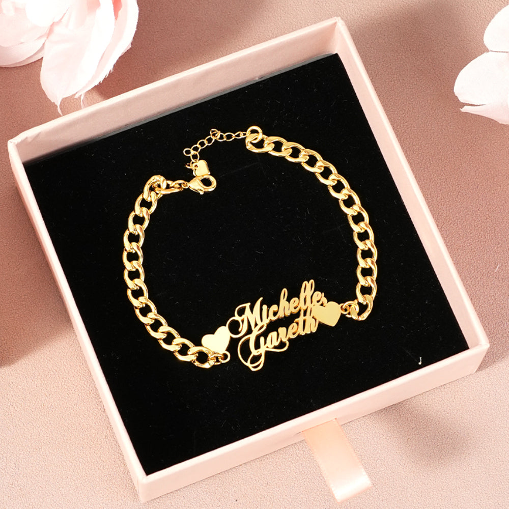 Cuban Chain Two Hearts Two Names Personalized Custom Gold Plated Love Name Bracelet Womem Gift