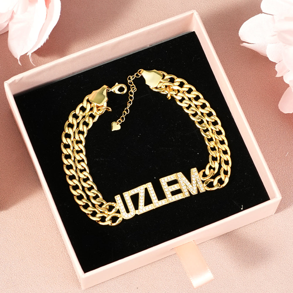 Double Chain with Rhinestones Gold Plated Personalized Custom Name Bracelet