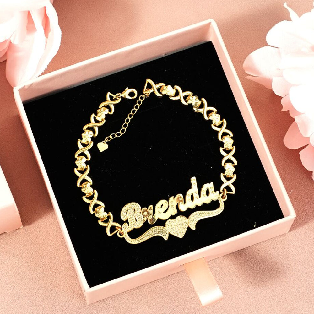 Double Layer Love Heart Personalized Custom Gold Plated Name Bracelet