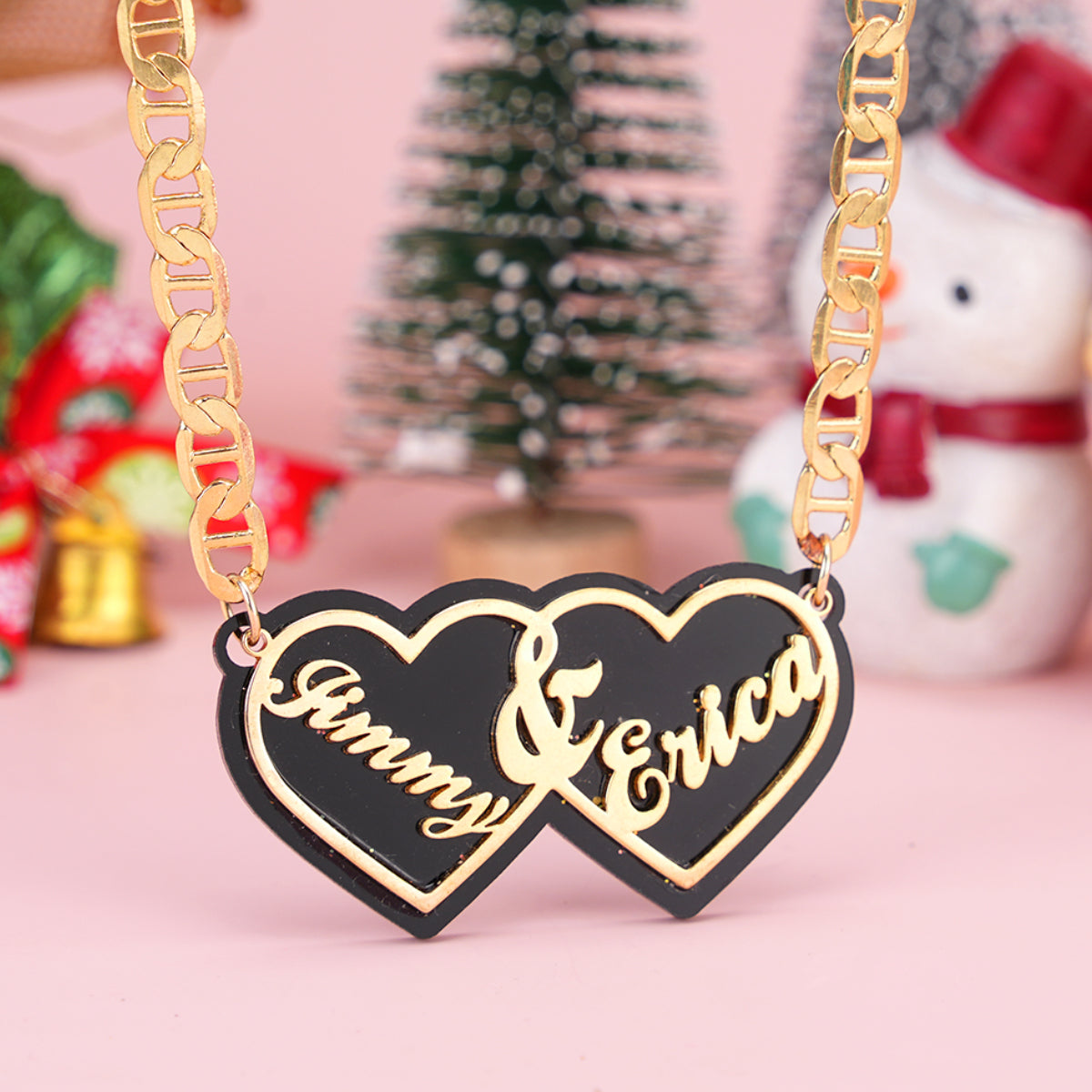 Acrylic Double Heart Pendant Personalized Custom Gold Plated Name Necklace Couple Gift